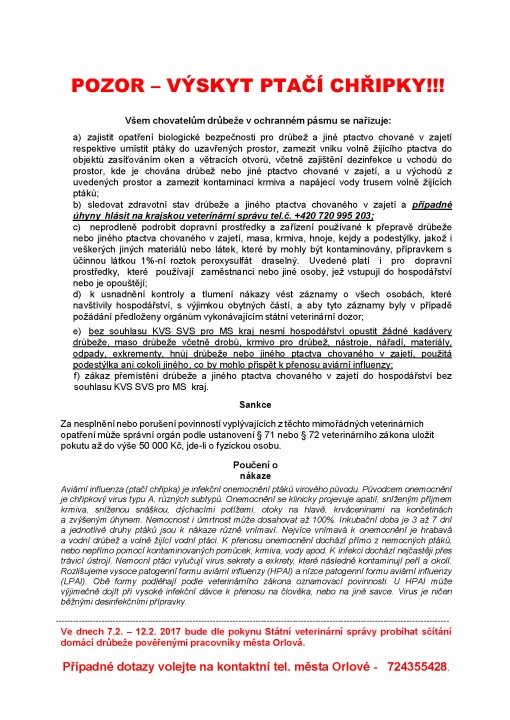 Nařízení všem chovatelům drůbeže v ochranném pásmu