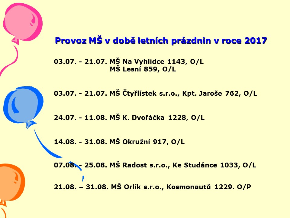 Provoz MŠ v době hlavních prázdnin