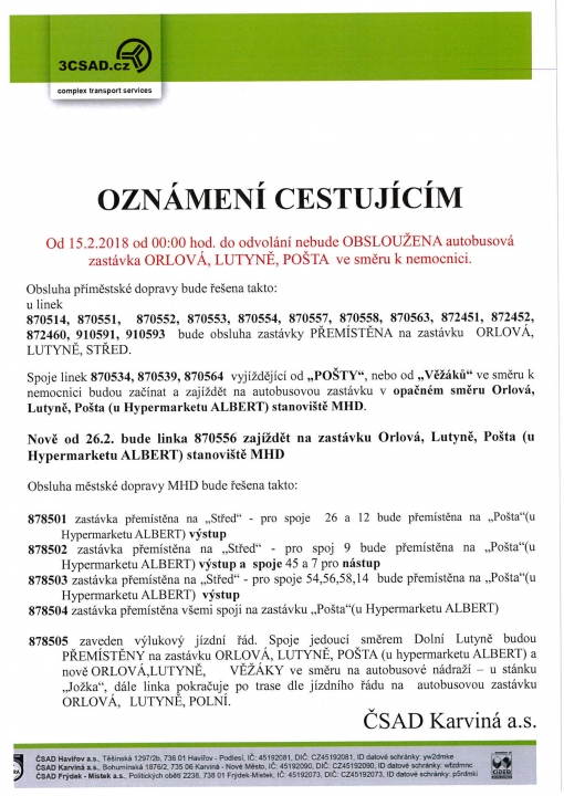 Aktualizované oznámení cestujícím