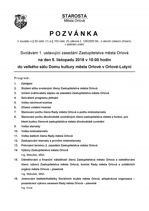 POZVÁNKA NA ZASTUPITELSTVO MĚSTA ORLOVÉ