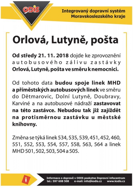 ZPROVOZNĚNÍ AUTOBUSOVÉ ZASTÁVKY ORLOVÁ, LUTYNĚ, POŠTA
