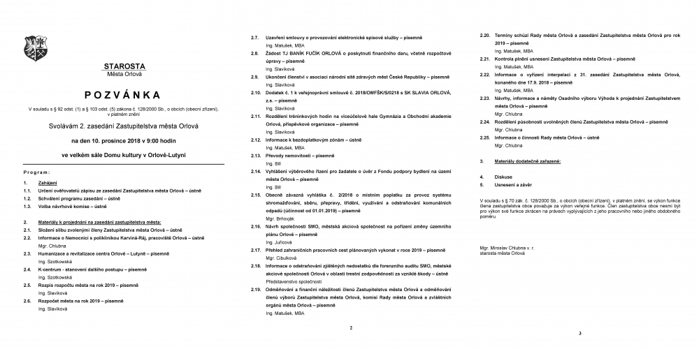 Program 2. zasedání Zastupitelstva města Orlová