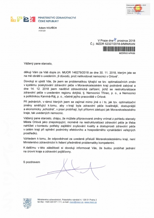 ODPOVĚĎ ministra zdravotnictví Adama VOJTĚCHA