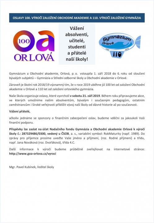 OSLAVY 100. VÝROČÍ OBCHODNÍ AKADEMIE A 110. VÝROČÍ GYMNÁZIA