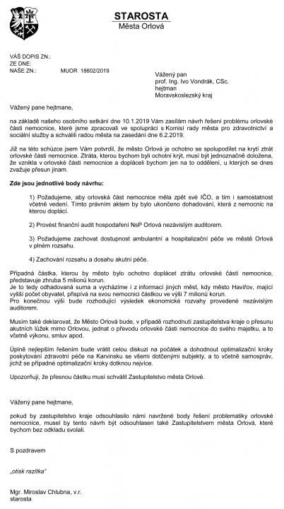 STAROSTA ORLOVÉ PÍŠE HEJTMANOVI MSK