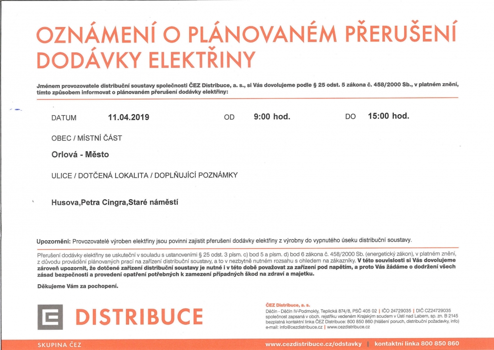 Oznámení o plánovaném přerušení dodávky elektřiny