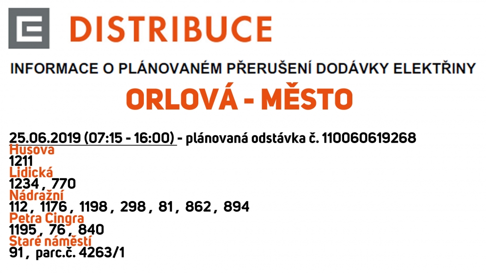 Přehled plánovaných odstávek na distribučním území společnosti ČEZ Distribuce, a. s.