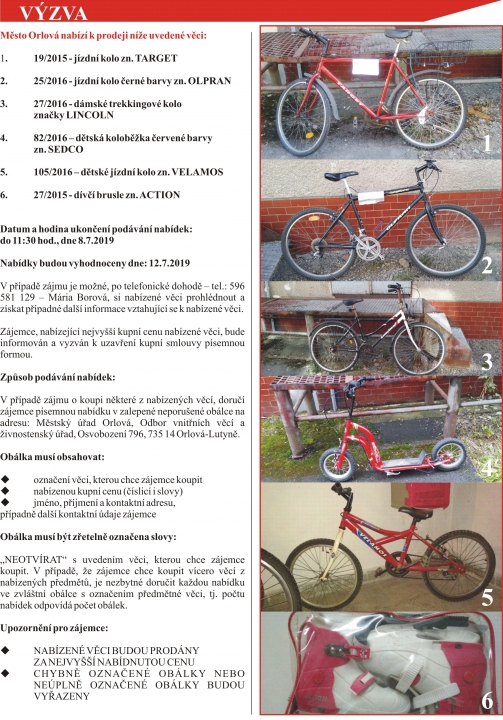 Město Orlová nabízí k prodeji níže uvedené věci