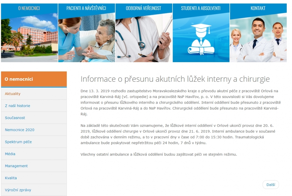 Informace o přesunu akutních lůžek interny a chirurgie