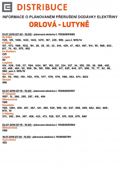 Plánované přerušení dodávky elektřiny v Orlové-Lutyni 1.7.-3.7.2019
