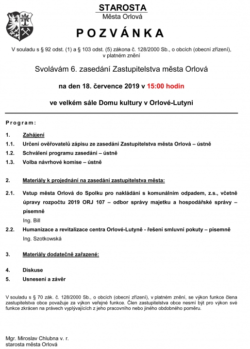 Pozvánka na 6. zasedání zastupitelstva města Orlové
