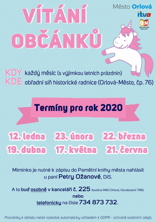 TERMÍNY VÍTÁNÍ OBČÁNKŮ PRO ROK 2020