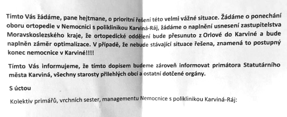 OTEVŘENÝ DOPIS KARVINSKÝCH ZDRAVOTNÍKŮ HEJTMANOVI MORAVSKOSLEZSKÉHO KRAJE VONDRÁKOVI