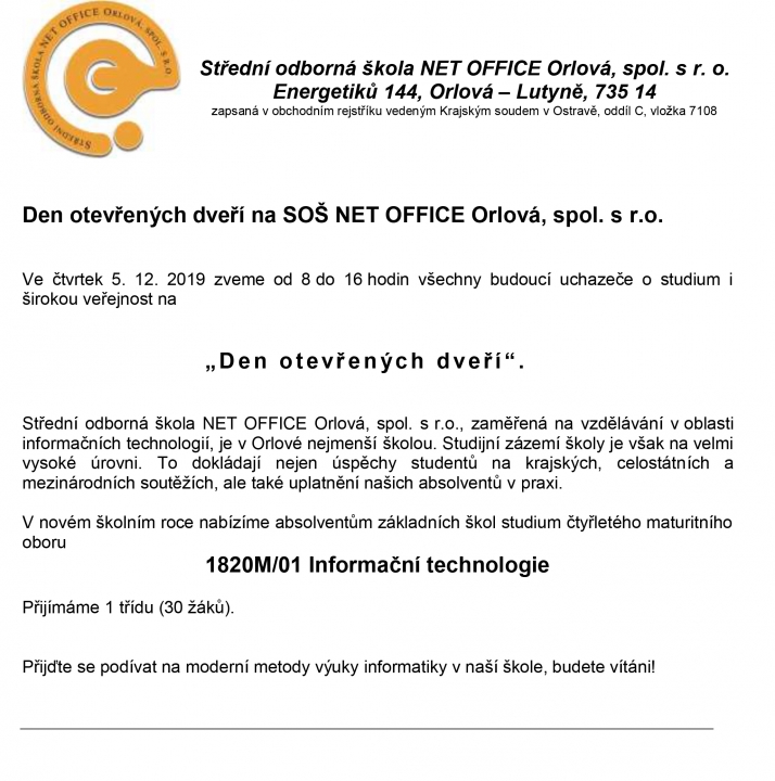 SOUTĚŽ A DEN OTEVŘENÝCH DVEŘÍ NA SOŠ NET OFFICE