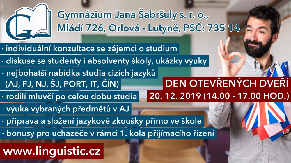 GYMNÁZIUM JANA ŠABRŠULY pořádá 20. prosince dvě zajímavé akce
