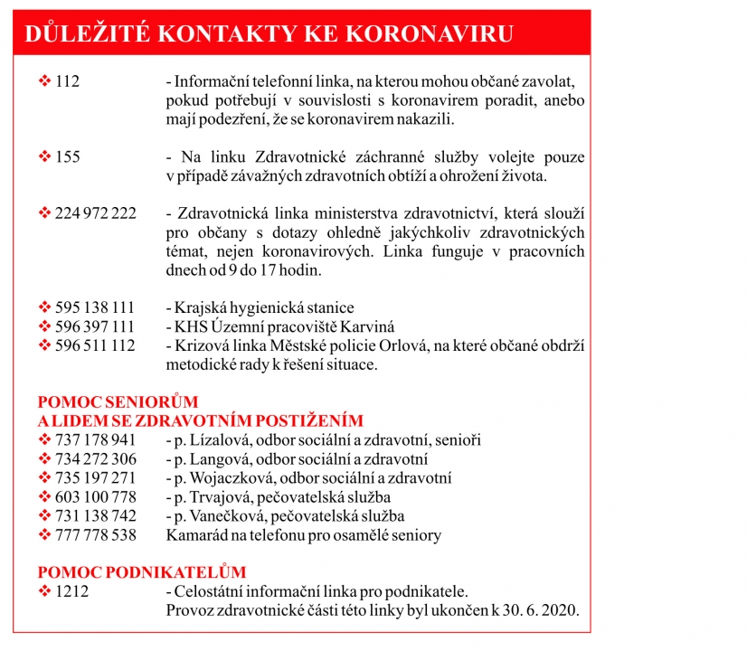 DŮLEŽITÉ KONTAKTY KE KORONAVIRU