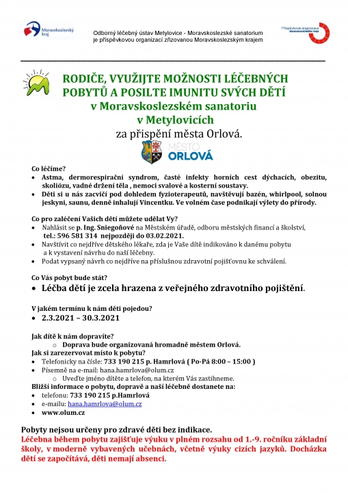 LÉČEBNÉ POBYTY PRO ORLOVSKÉ DĚTI