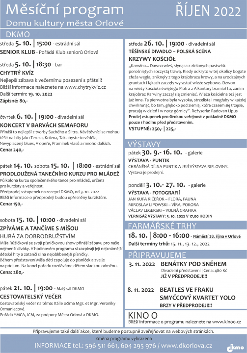 DŮM KULTURY PŘEDSTAVUJE PROGRAM NA ŘÍJEN