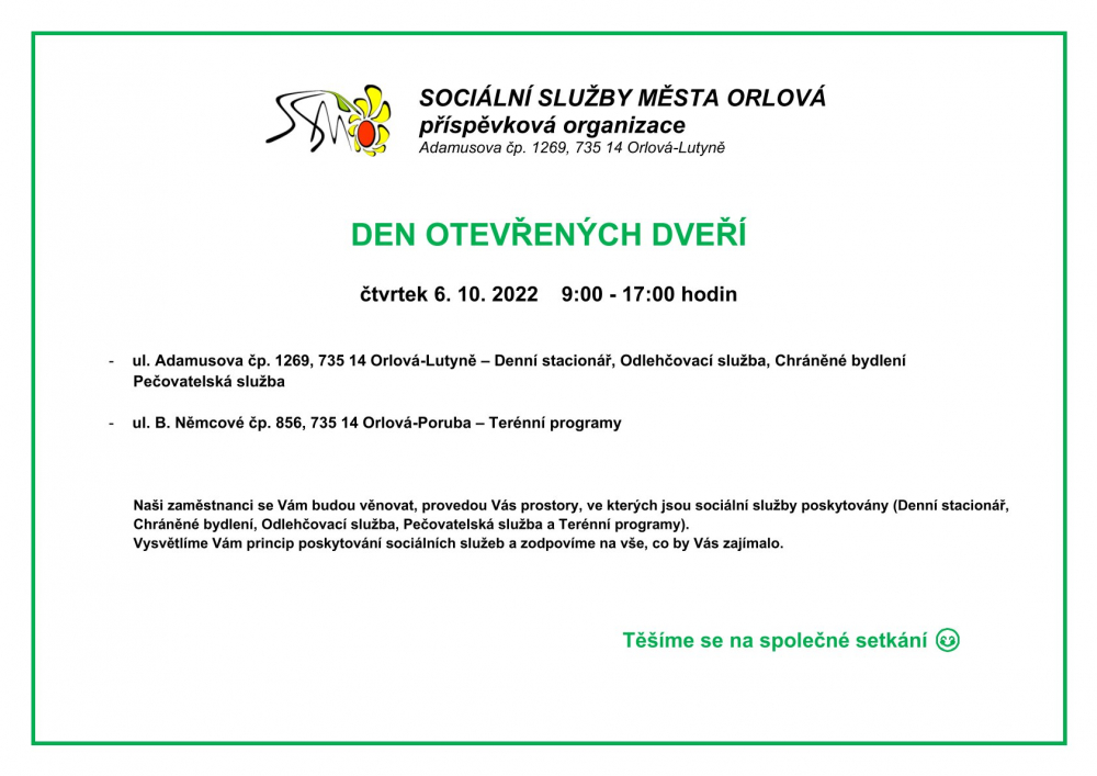 DEN OTEVŘENÝCH DVEŘÍ V SOCIÁLNÍCH SLUŽBÁCH MĚSTA ORLOVÉ