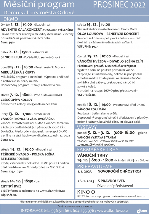 PROHLÉDNĚTE SI PROGRAM KULTURÁKU NA POSLEDNÍ MĚSÍC V ROCE
