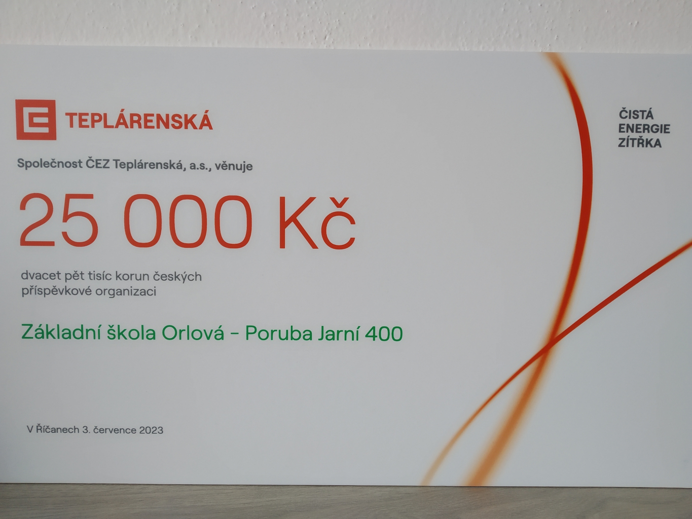ZŠ Jarní děkuje společnosti ČEZ Teplárenska, a.s.