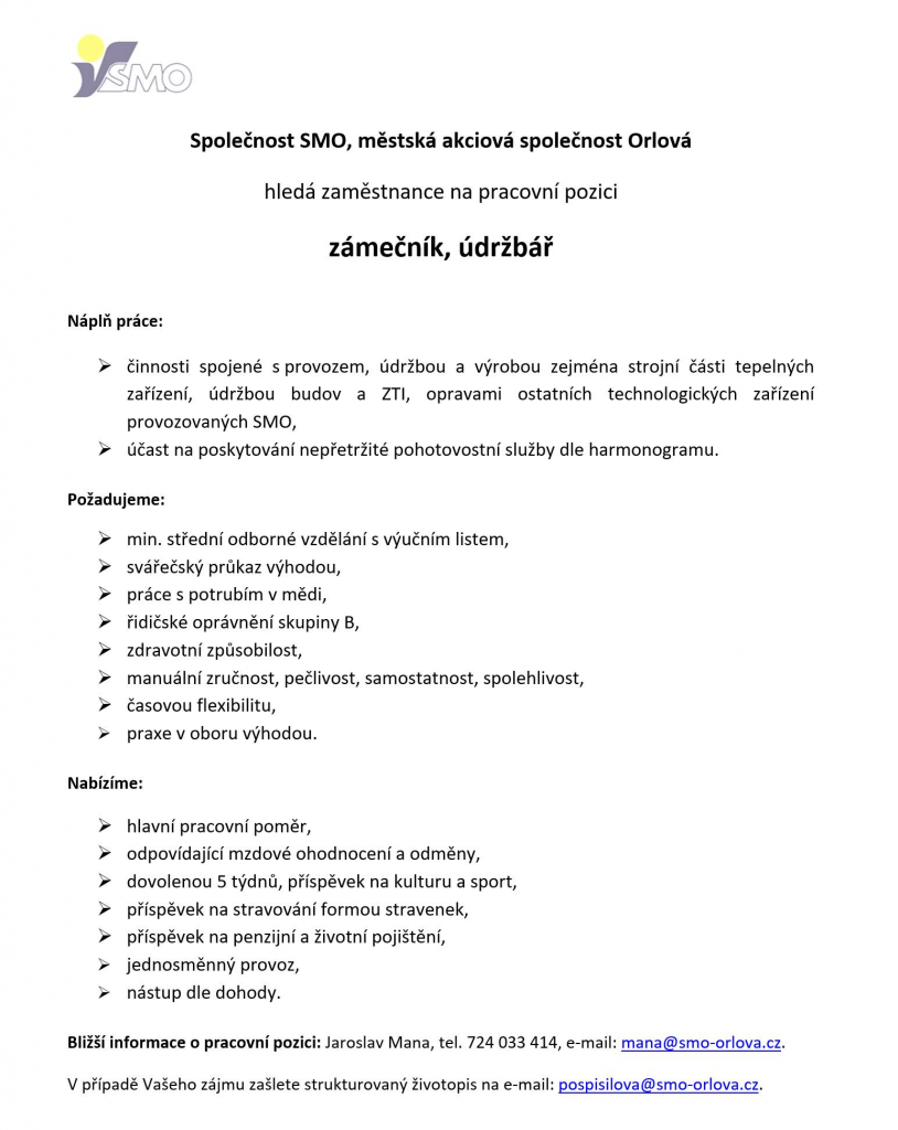 SPOLEČNOST SMO HLEDÁ ZÁMEČNÍKA/ÚDRŽBÁŘE