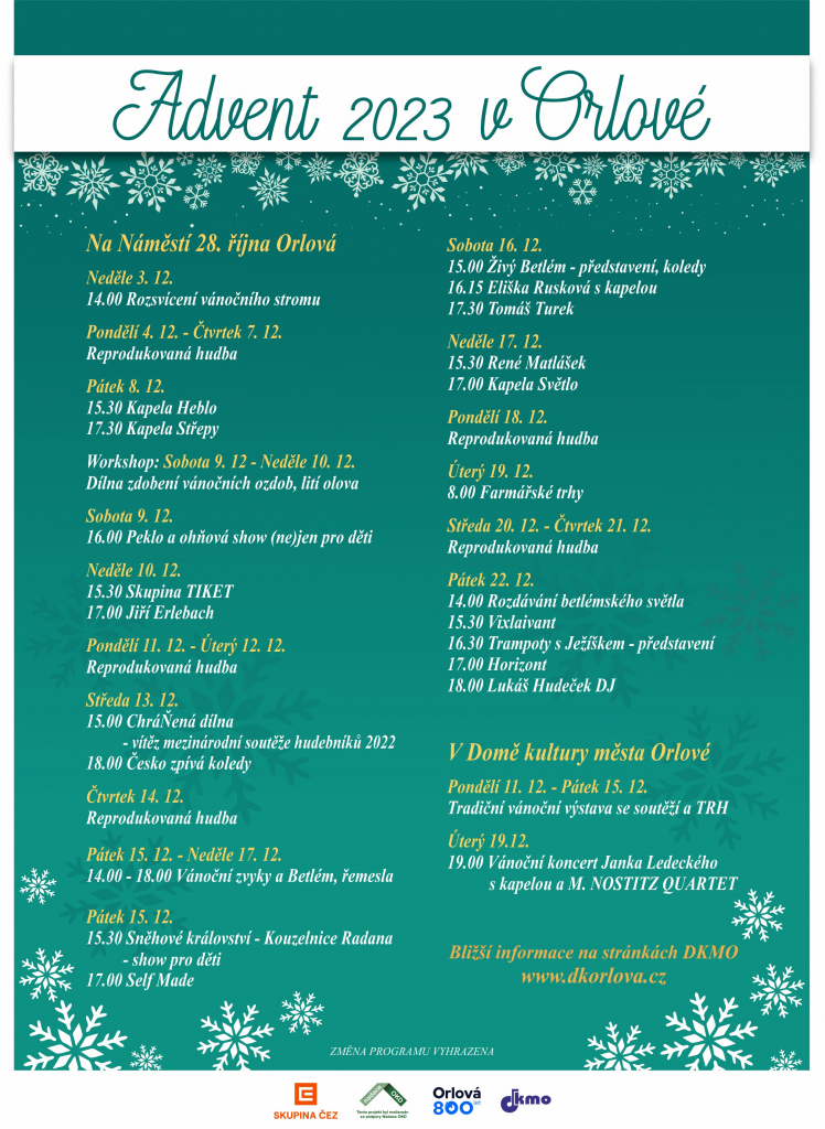 PŘINÁŠÍME VÁM PROGRAM NA ADVENTNÍ ČAS V ORLOVÉ