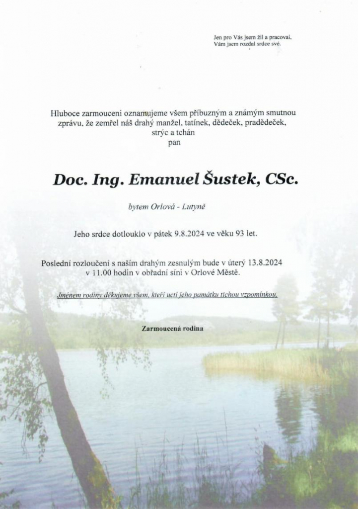 OPUSTIL NÁS DOC. ING. EMANUEL ŠUSTEK, CSC.