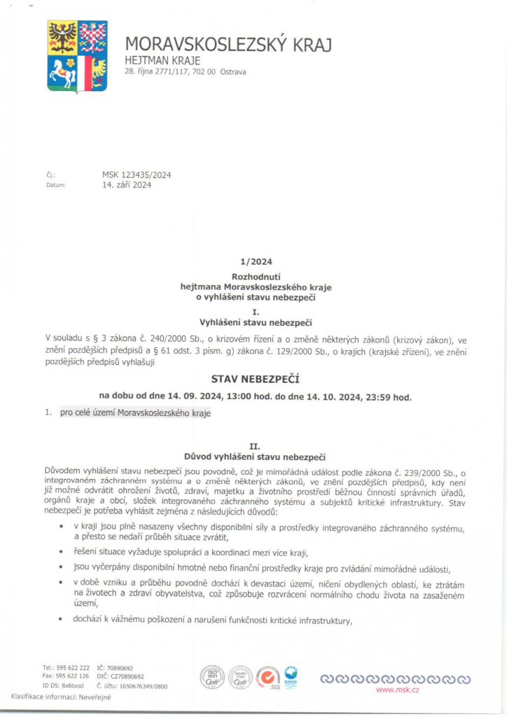 1/2024 Rozhodnutí hejtmana Moravskoslezského kraje o vyhlášení stavu nebezpečí
