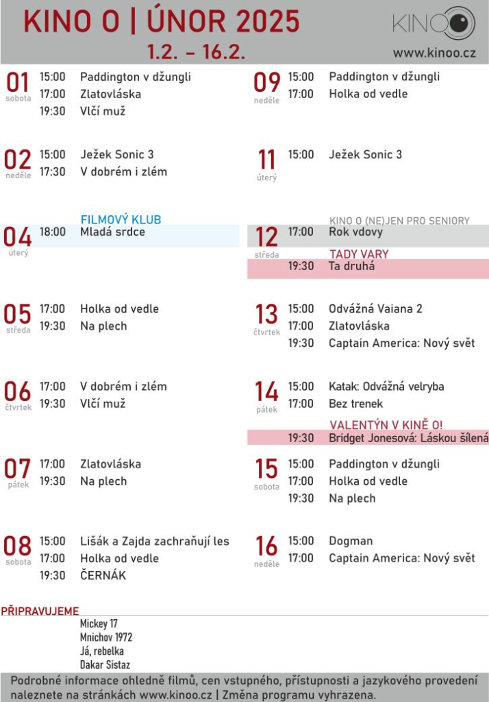 KINO O PŘEDSTAVUJE PROGRAM NA POLOVINU ÚNORA