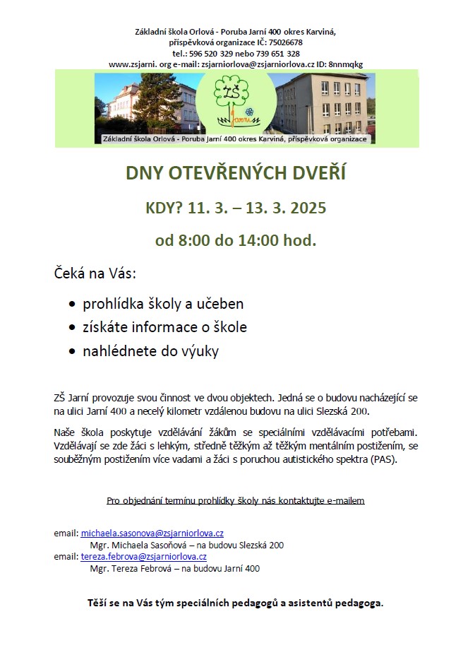 ZŠ Jarní - Pozvánka na Dny otevřených dveří