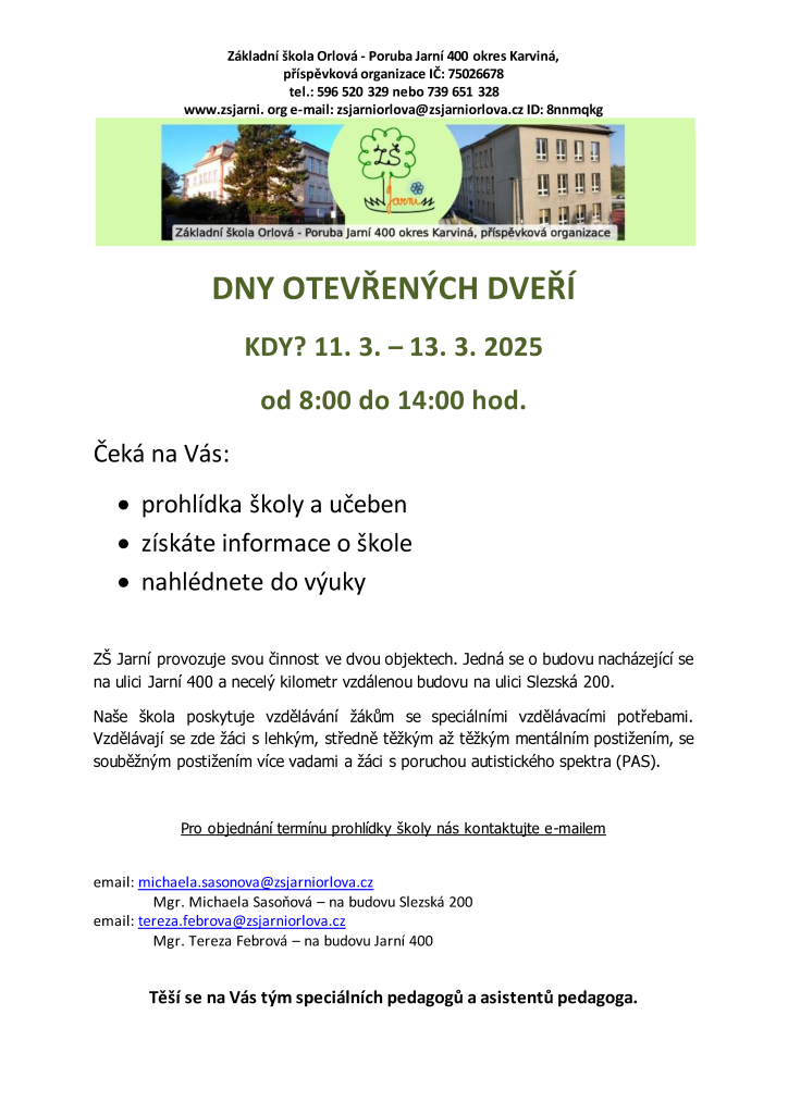 PŘIJĎTE NA DNY OTEVŘENÝCH DVEŘÍ ZŠ JARNÍ, ORLOVÁ-PORUBA