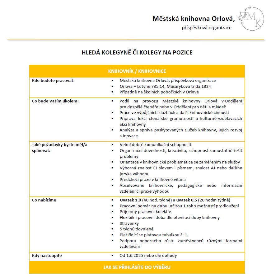 Městská knihovna Orlová - Volné pracovní místo
