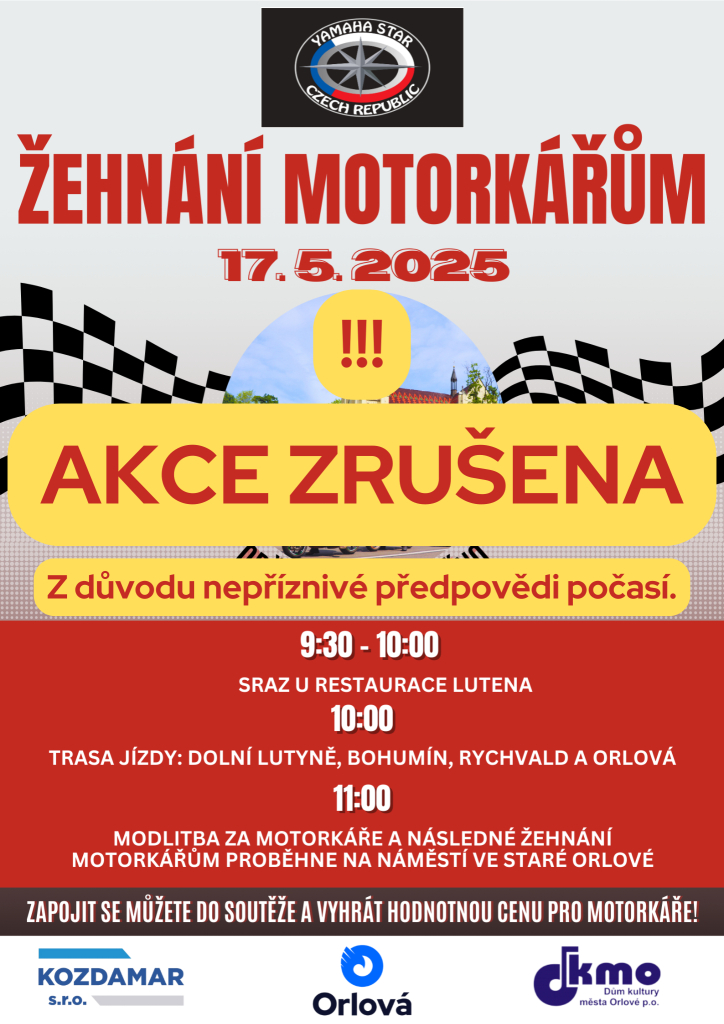 SOBOTNÍ ŽEHNÁNÍ MOTORKÁŘŮM JE ZRUŠENO
