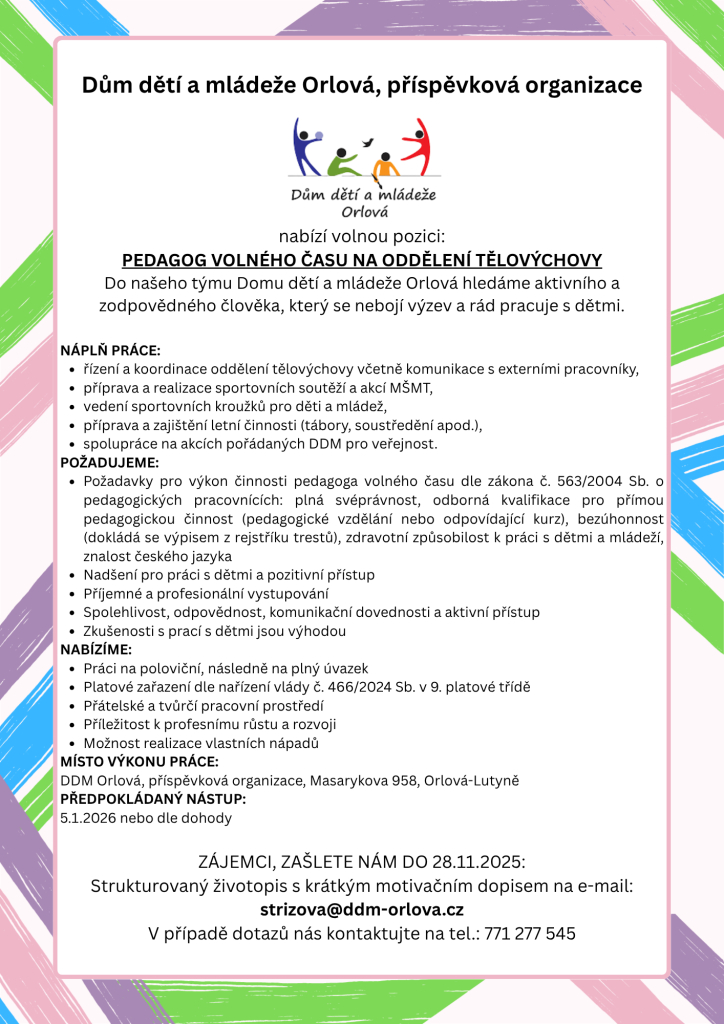 DDM - Výběrové řízení na volné pracovní místo pedagoga