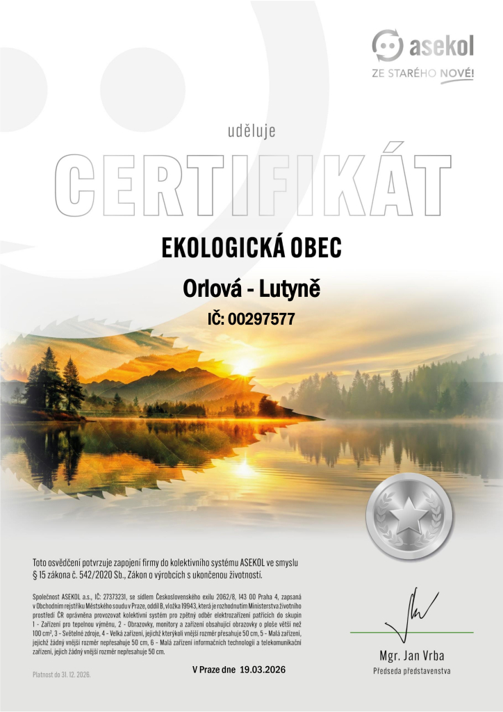 MĚSTO ZÍSKALO STŘÍBRNÝ CERTIFIKÁT EKOLOGICKÉ OBCE