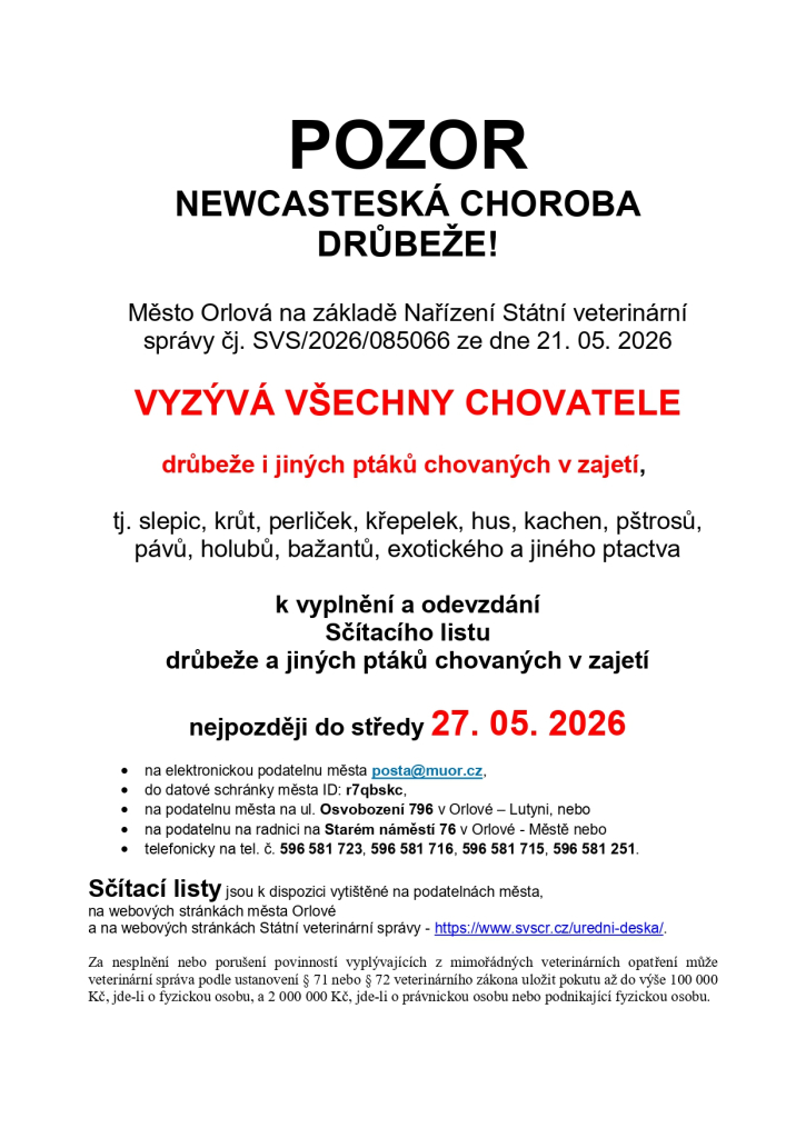 U DRŮBEŽE V RYCHVALDĚ A DOLNÍ LUTYNI SE VYSKYTLA NEWCASTELSKÁ CHOROBA