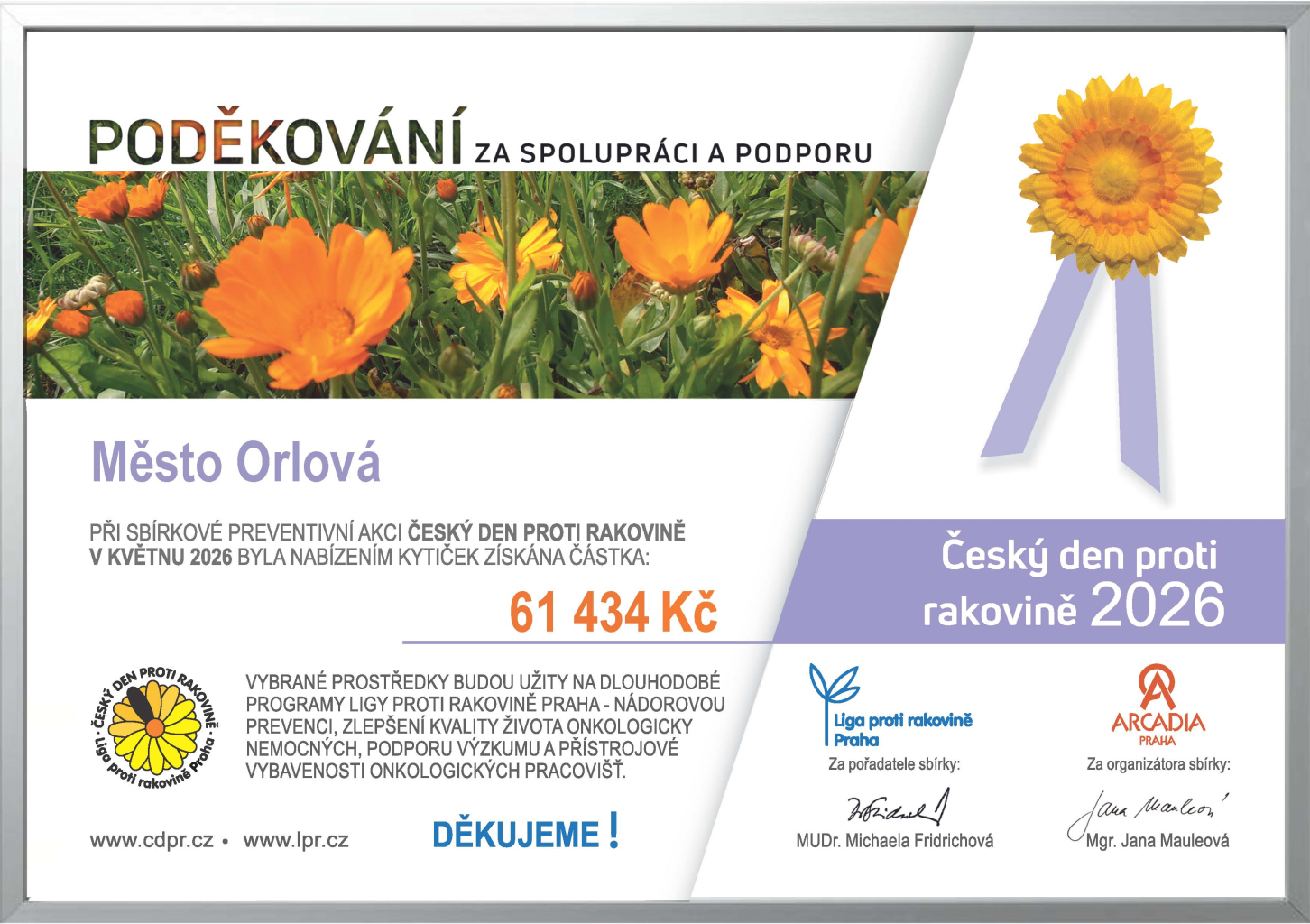 ORLOVÁ OPĚT NAVÝŠILA ČÁSTKU NA BOJ PROTI RAKOVINĚ