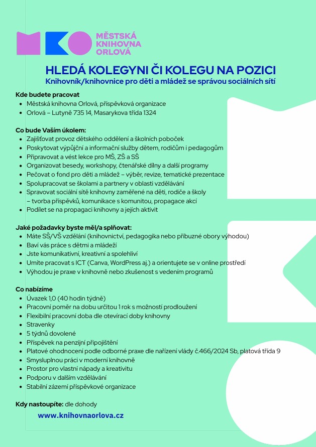 Knihovna - hledáme nové kolegy do svého týmu