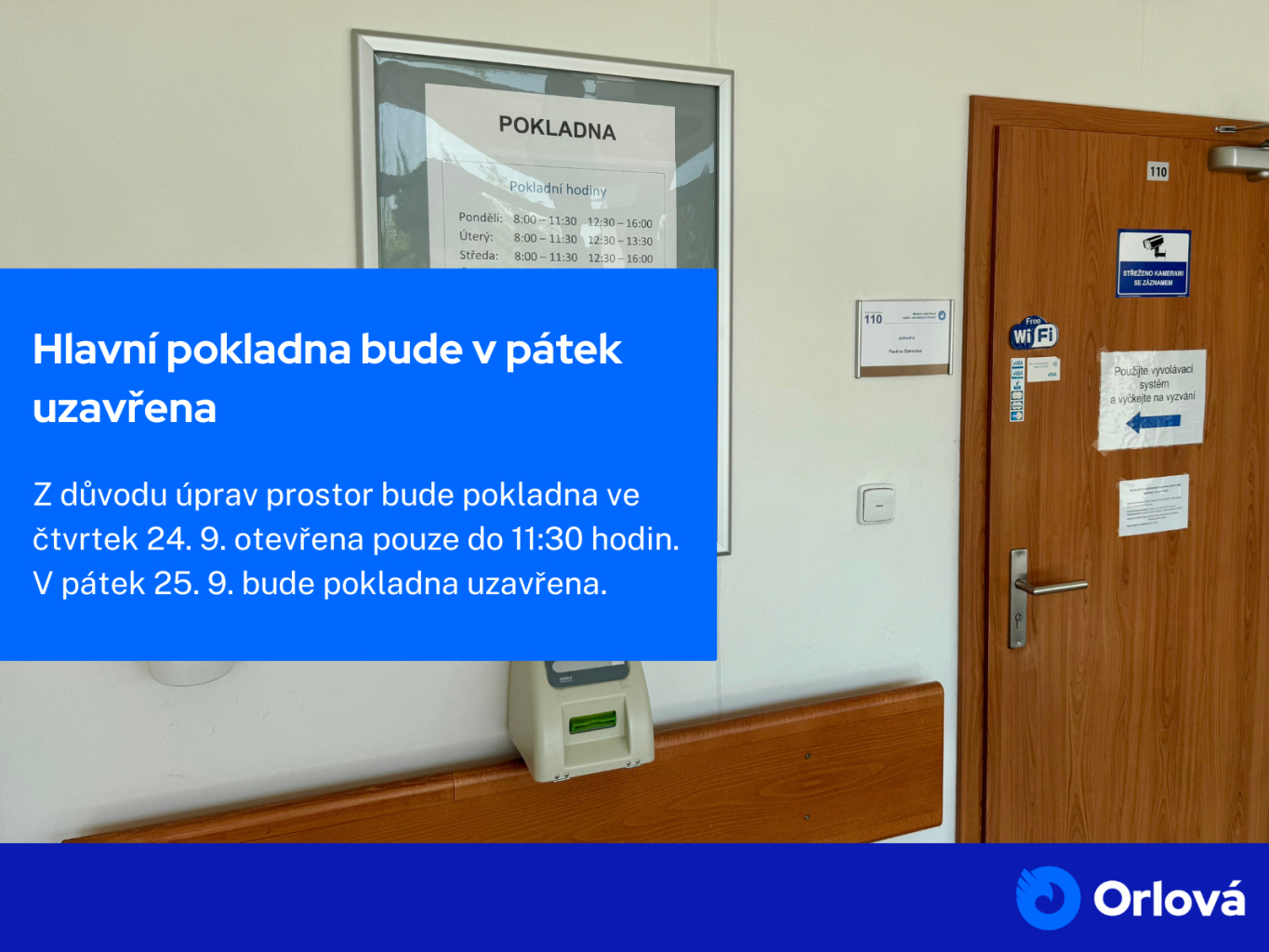 HLAVNÍ POKLADNA BUDE V PÁTEK UZAVŘENA